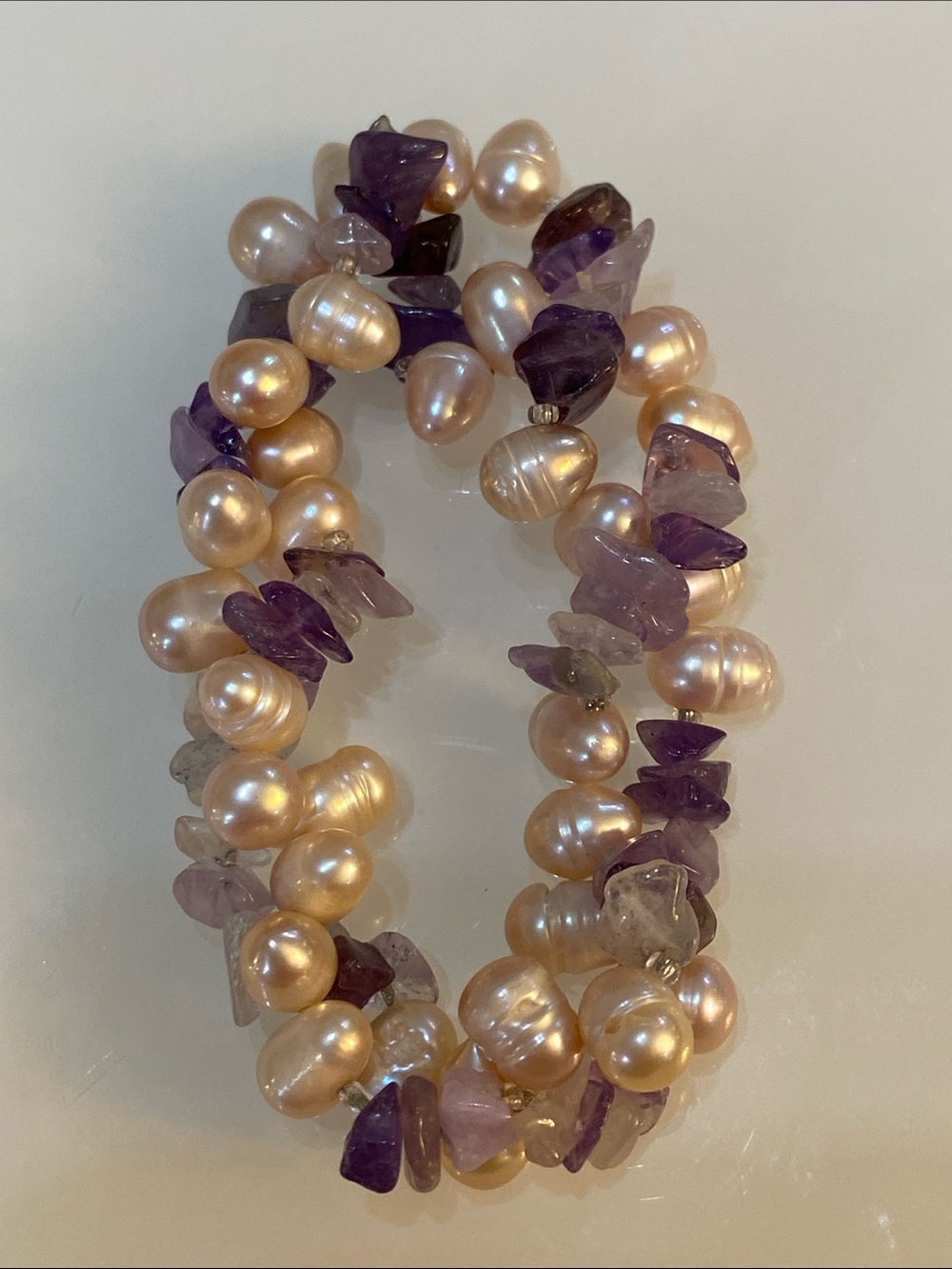 Freshwater Pearl and Amethyst Chip Stretch Bracelet - Purple & Cream